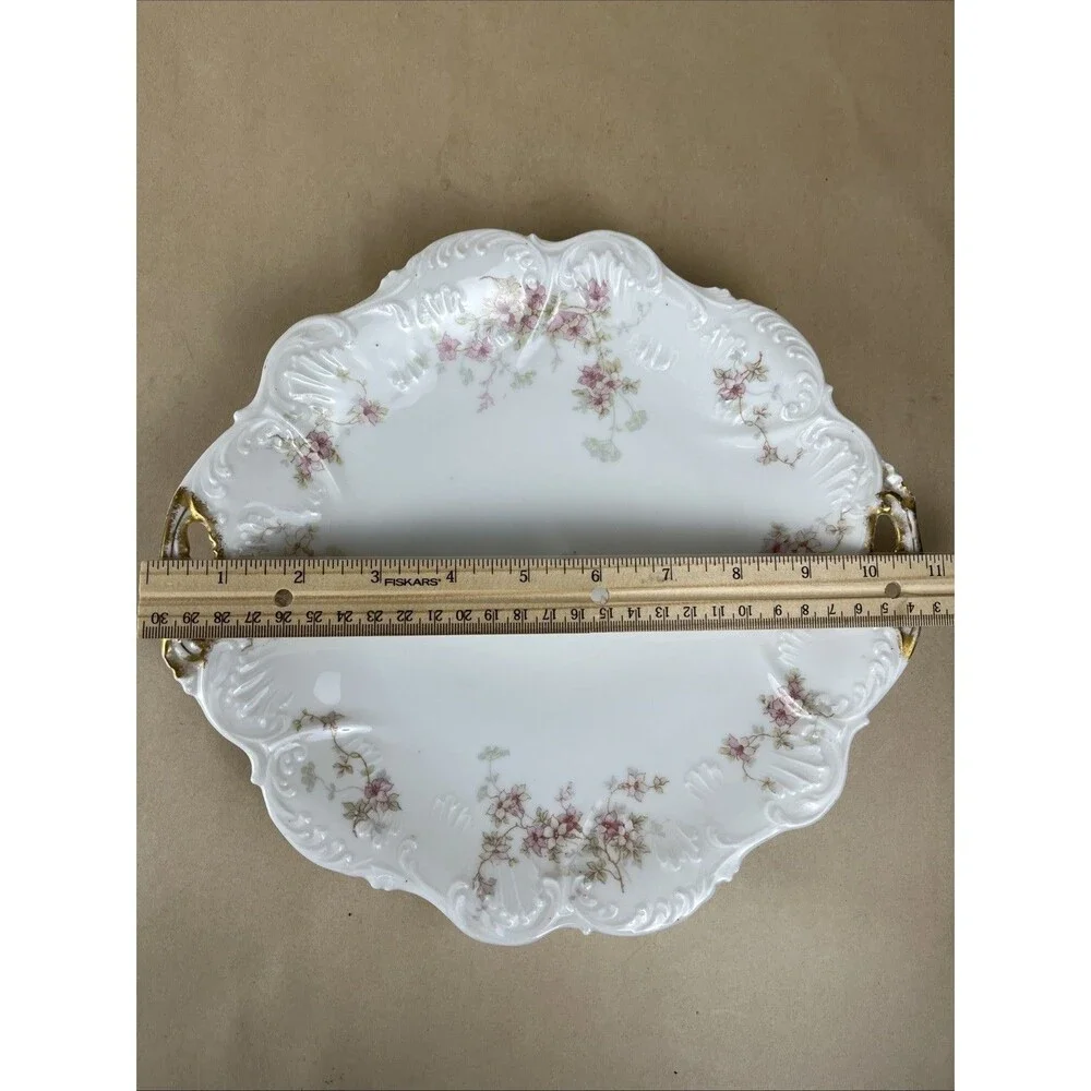 Antique‎ Elite Works Limoges France Pink Green Floral Serving Plate Golden Hdls